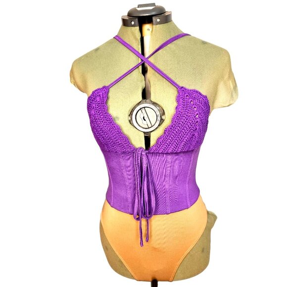 Woman's JLuxlabel NWT boho-chic purple/violet open knit 2 piece bathing suit S-M - Picture 2 of 13